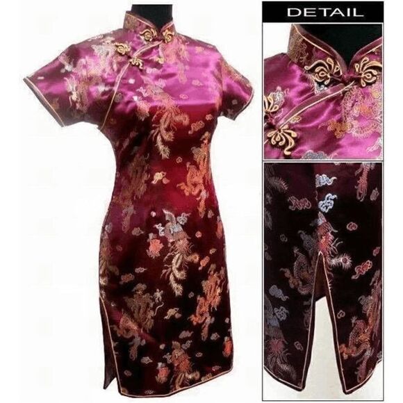 🐉 Mandarin Collar Cheongsam Chinese Dragon Print Side Slits Qipao Dress S NEW - Picture 8 of 16